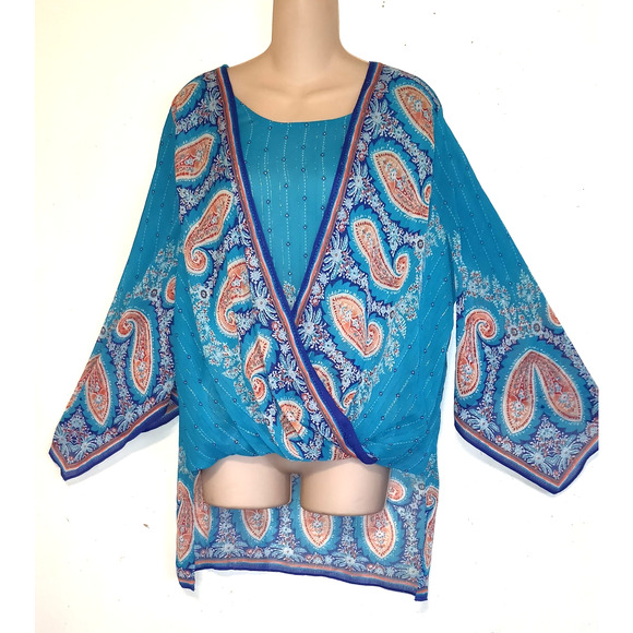 Chico's Tops - Chicos Caftan Sheer Top Womens Large Turquoise Beaded Boho Flowy Hi Low Shimmery